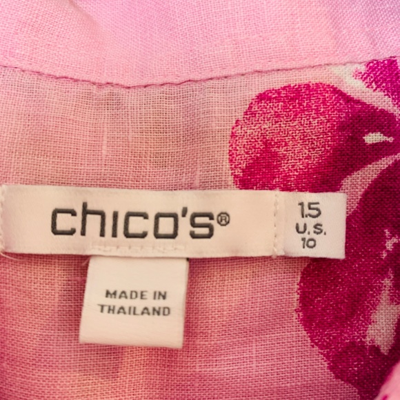 Chico's Linen Button Up Shirt Size 10 Pink Floral Tropical Hawaiian Vacation - Picture 3 of 11